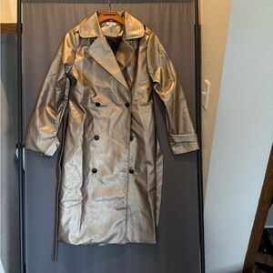 Women's Metallic Silver Double-Breasted Trench Coat